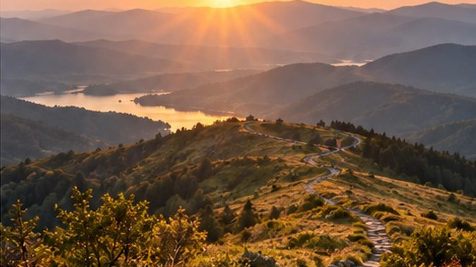 Sunlit mountain path beneath a broad sky